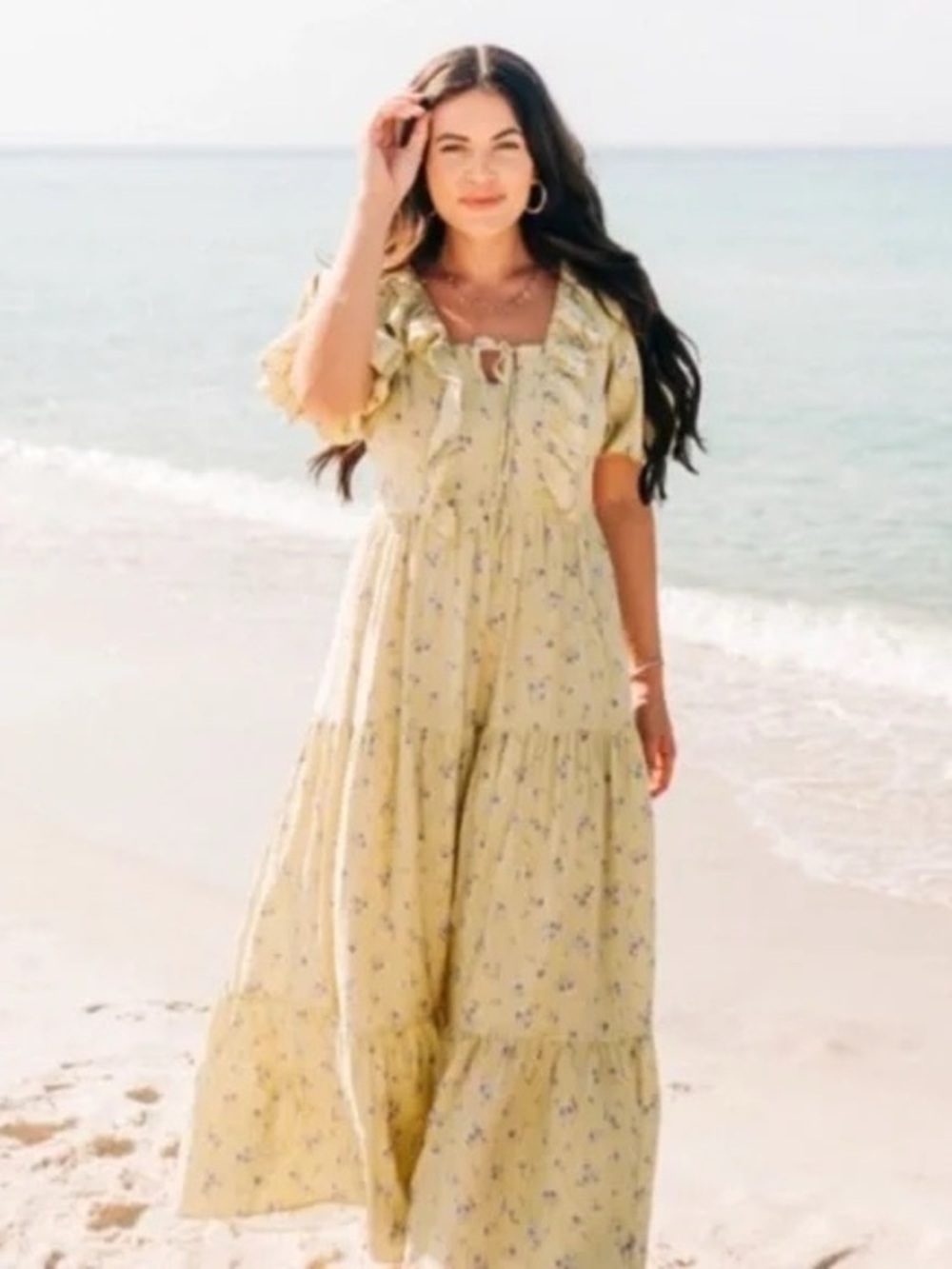Anthropologie Moon River Green Floral Puff Sleeve Cottagecore Boho Maxi Dress M
